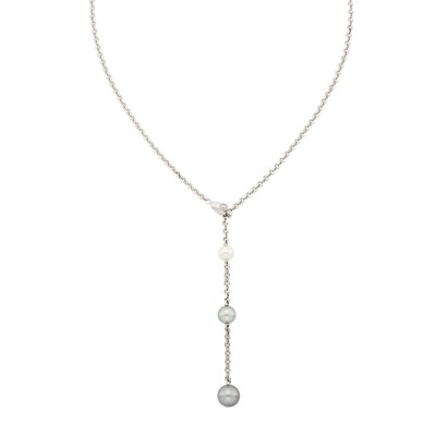 Lot 54 - Cartier White Gold, Multicolored Cultured Pearl and Diamond Lariat Chain Necklace