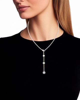 Lot 54 - Cartier White Gold, Multicolored Cultured Pearl and Diamond Lariat Chain Necklace