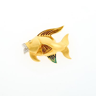 Lot 1080 - Two-Color Gold, Diamond and Enamel Fish Brooch