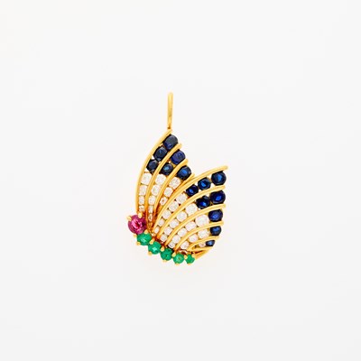 Lot 1036 - Gemlok Gold, Ruby, Emerald and Diamond Butterfly Pendant-Brooch