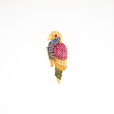 Lot 1012 - Gold, Colored Stone and Diamond Parrot Brooch