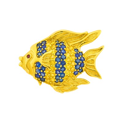 Lot 1144 - Gold and Multicolored Sapphire Fish Pendant-Brooch