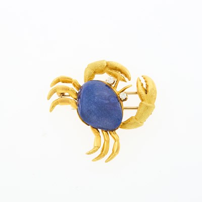 Lot 1033 - Gold, Lapis and Diamond Crab Clip-Brooch