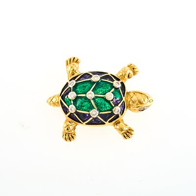 Lot 1090 - Gold, Green and Blue Enamel and Diamond Turtle Pendant-Brooch