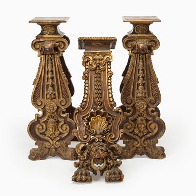 Lot 235 - Three Italian Baroque Parcel-Gilt and Painted Carved Wood Pedestals