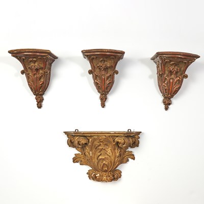 Lot 296 - Three Large Italian Rococo Style Matched Parcel Gilt and Painted Carved Wood Brackets