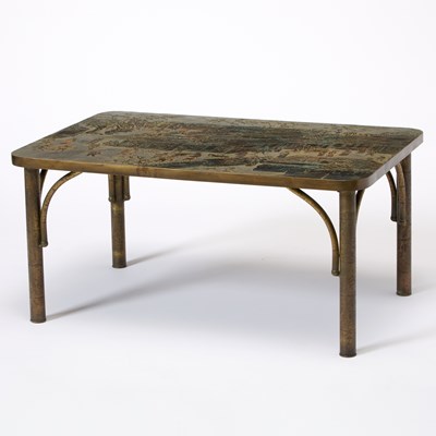 Lot 370 - Philip and Kelvin Laverne Patinated and Enameled Brass and Pewter "Spring Festival" Coffee Table