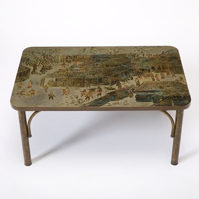 Lot 370 - Philip and Kelvin Laverne Patinated and Enameled Brass and Pewter "Spring Festival" Coffee Table