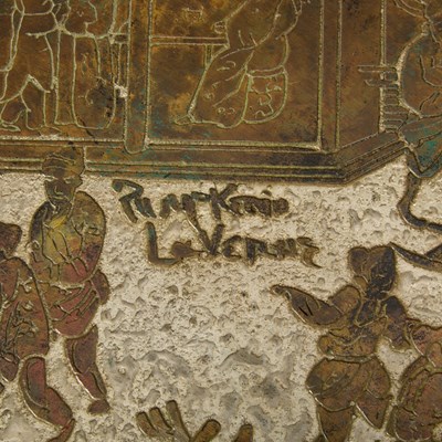 Lot 370 - Philip and Kelvin Laverne Patinated and Enameled Brass and Pewter "Spring Festival" Coffee Table