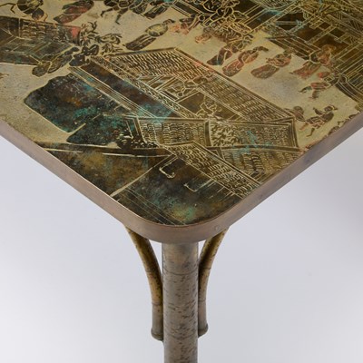 Lot 370 - Philip and Kelvin Laverne Patinated and Enameled Brass and Pewter "Spring Festival" Coffee Table