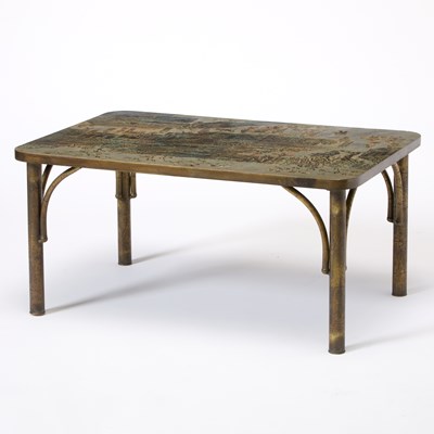 Lot 370 - Philip and Kelvin Laverne Patinated and Enameled Brass and Pewter "Spring Festival" Coffee Table