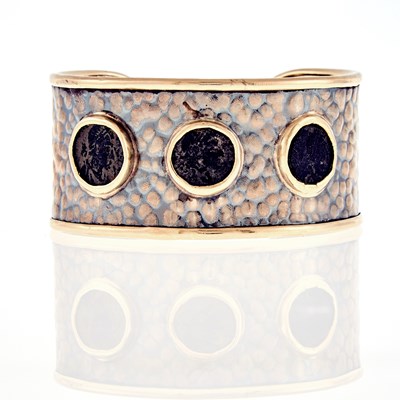 Lot 1179 - Wide Silver, Gold and Bronze Coin Cuff Bracelet
