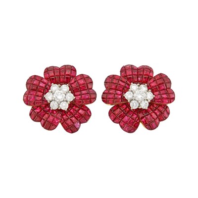 Lot 1171 - Pair of Gold, Platinum, Invisibly-Set Ruby and Diamond Flower Earclips