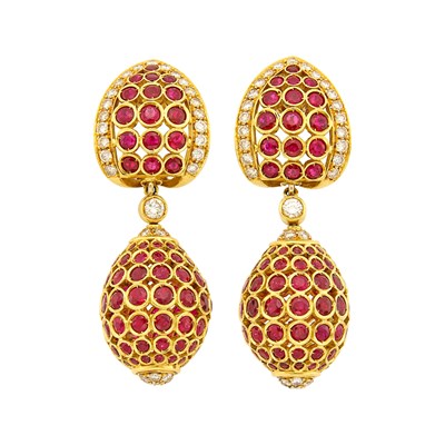 Lot 132 - Pair of Gold, Ruby and Diamond Pendant-Earrings