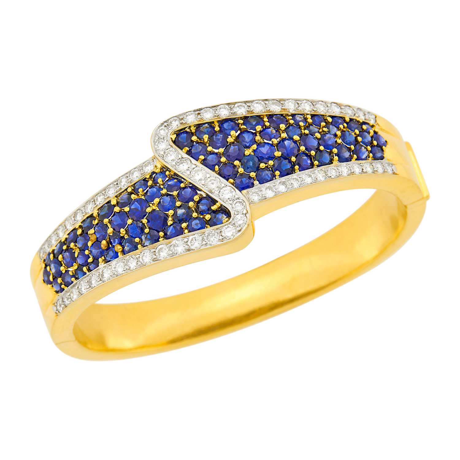 Lot 26 - Two-Color Gold, Sapphire and Diamond Bangle Bracelet