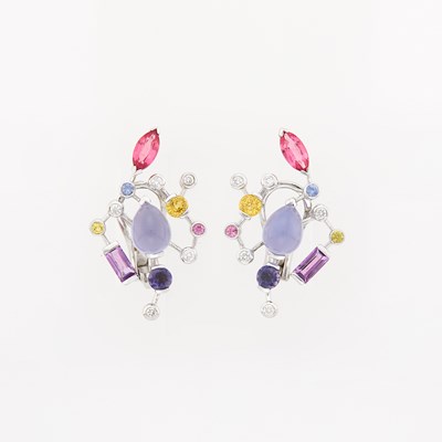 Lot 1107 - Pair of White Gold, Blue Chalcedony, Colored Stone and Diamond Earclips