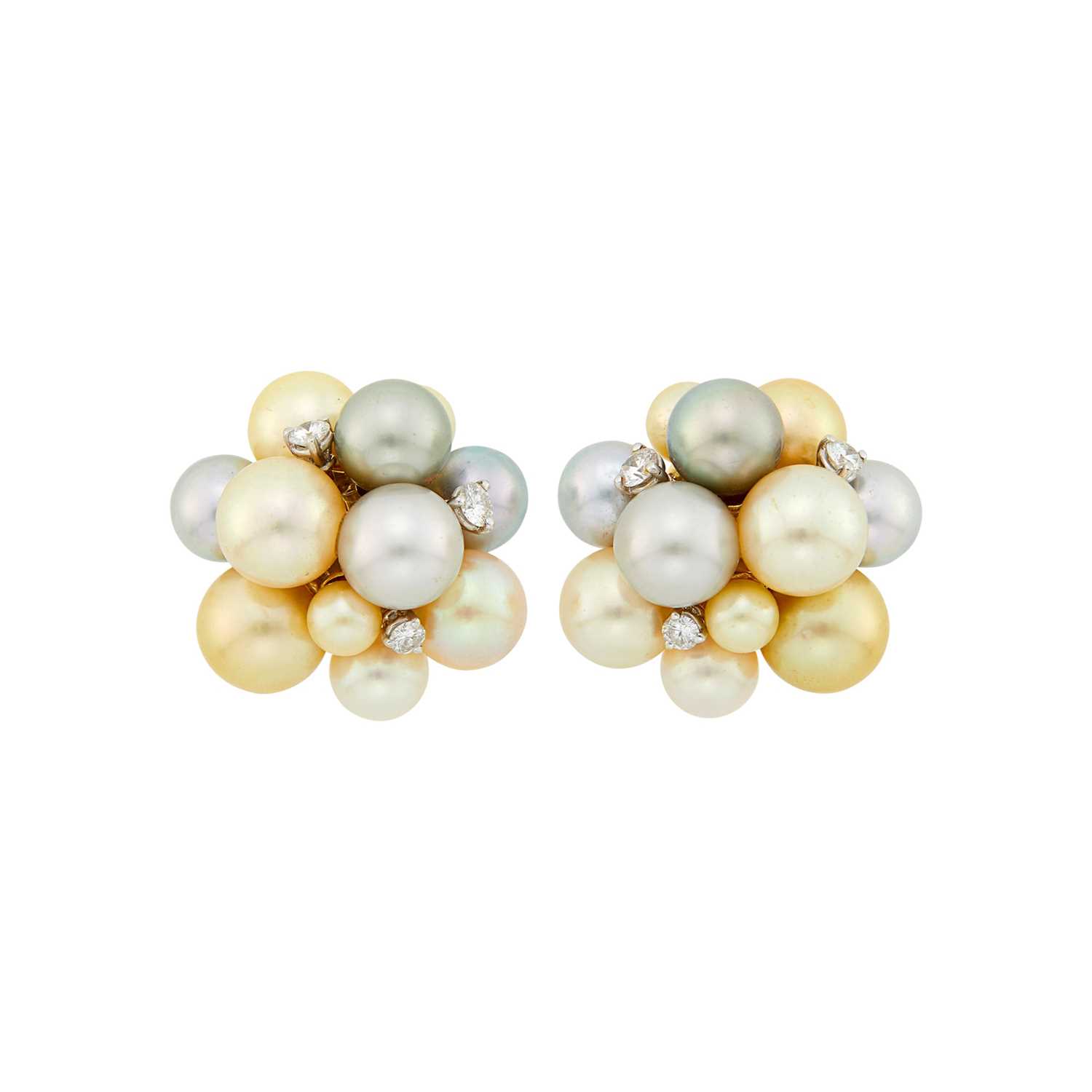 Lot 3 - Seaman Schepps Pair of Gold, Multicolored Cultured Pearl and Diamond 'Bubble' Earclips
