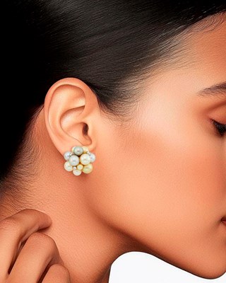 Lot 3 - Seaman Schepps Pair of Gold, Multicolored Cultured Pearl and Diamond 'Bubble' Earclips