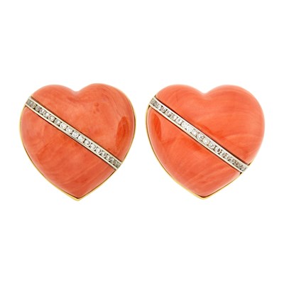Lot 44 - Seaman Schepps Pair of Two-Color Gold, Coral and Diamond Heart Clip-Brooches