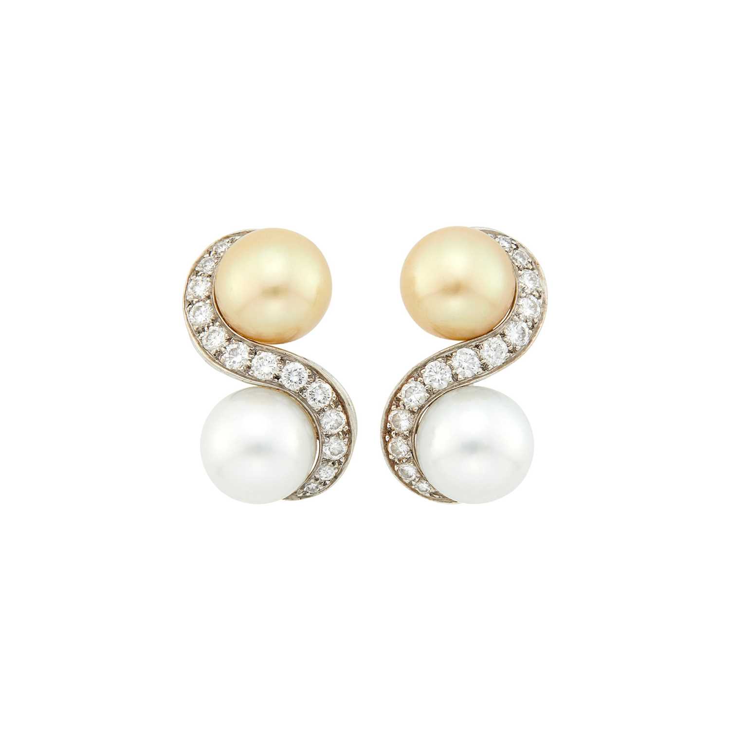 Lot 46 - Seaman Schepps Pair of White Gold, South Sea and Golden Cultured Pearl and Diamond Earclips