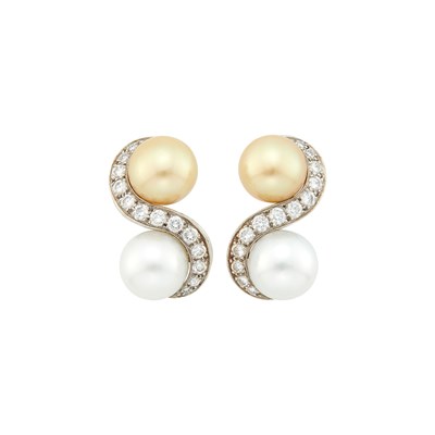 Lot 46 - Seaman Schepps Pair of White Gold, South Sea and Golden Cultured Pearl and Diamond Earclips