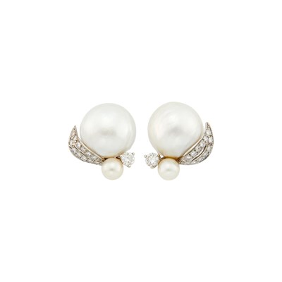 Lot 76 - Seaman Schepps Pair of White Gold, Three-Quarter Cultured Pearl, Cultured Pearl and Diamond Earclips