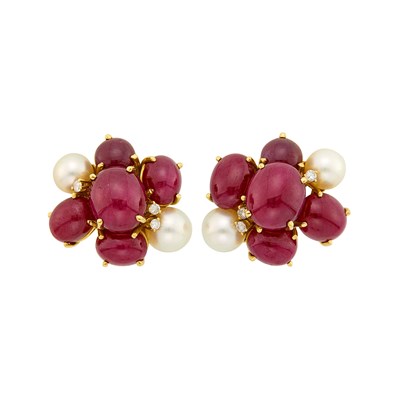 Lot 106 - Seaman Schepps Pair of Gold, Cabochon Ruby, Cultured Pearl and Diamond 'Bubble' Earclips