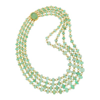 Lot 98 - Seaman Schepps Four Strand Fluted Emerald and Gold Bead and Freshwater Pearl Necklace with Cabochon Emerald Clasp