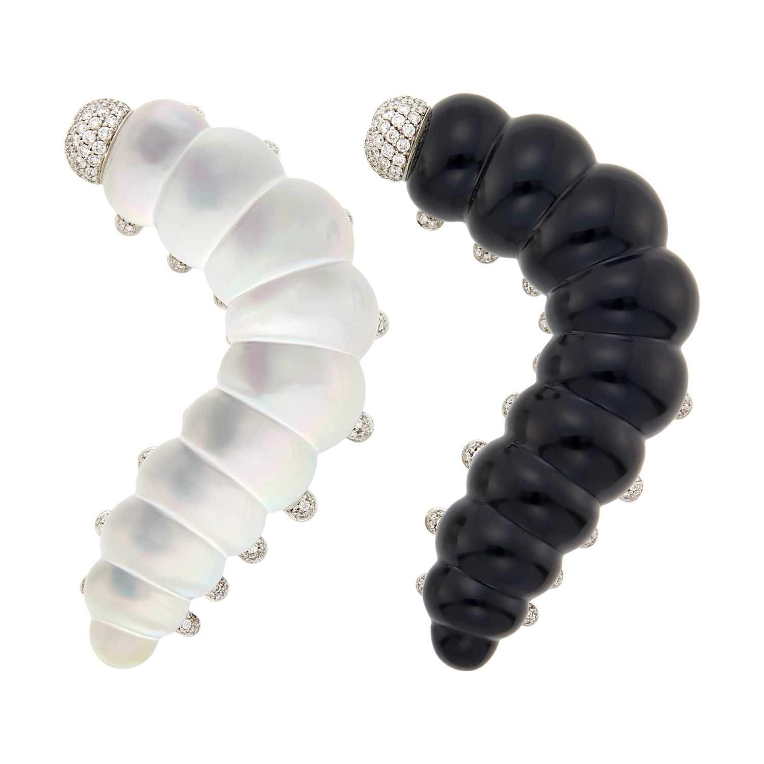 Lot 71 - Vhernier Pair of Two-Color Gold, Carved Rock Crystal, White and Black Mother-of-Pearl and Diamond Caterpillar Brooches