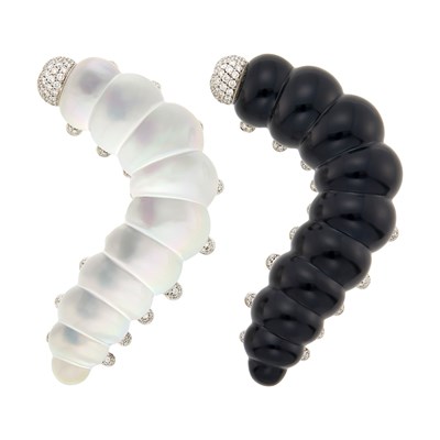 Lot 71 - Vhernier Pair of Two-Color Gold, Carved Rock Crystal, White and Black Mother-of-Pearl and Diamond Caterpillar Brooches