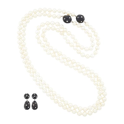Lot 80 - Seaman Schepps Pair of Long Cultured Pearl, Ebony Wood and Diamond Necklaces and Pair of Pendant-Earclips