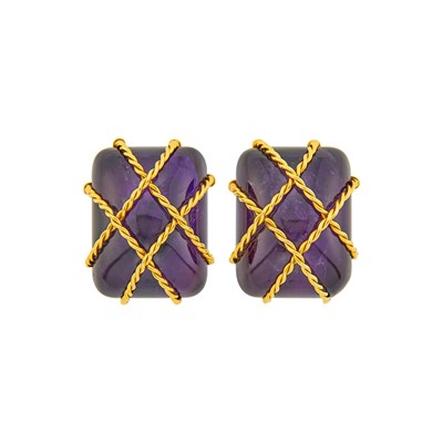 Lot 1117 - Seaman Schepps Pair of Gold and Cabochon Amethyst 'Cage' Earclips