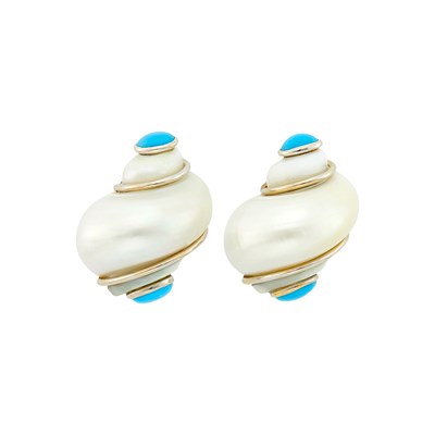 Lot 42 - Seaman Schepps Pair of White Gold, Shell and Turquoise 'Turbo Shell' Earclips