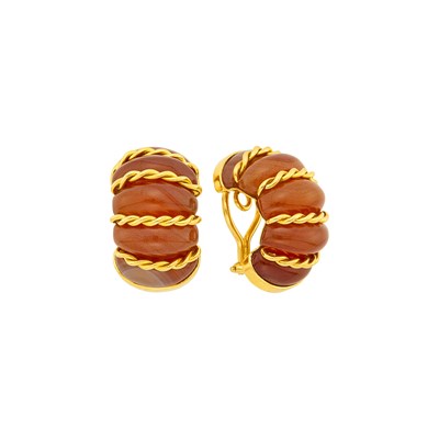 Lot 136 - Seaman Schepps Pair of Gold and Carnelian 'Shrimp' Earclips