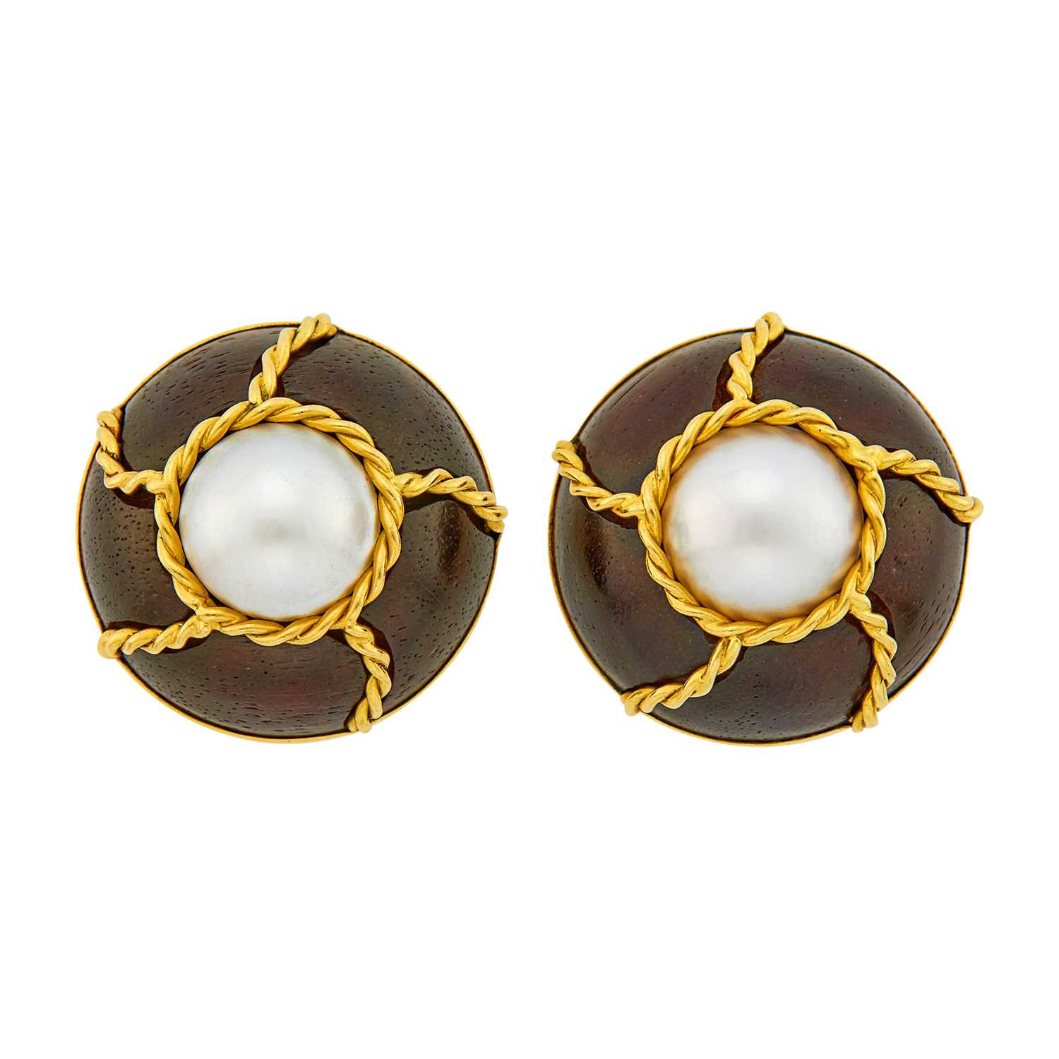 Lot 18 - Seaman Schepps Pair of Gold, Mabé Pearl and Wood Earclips