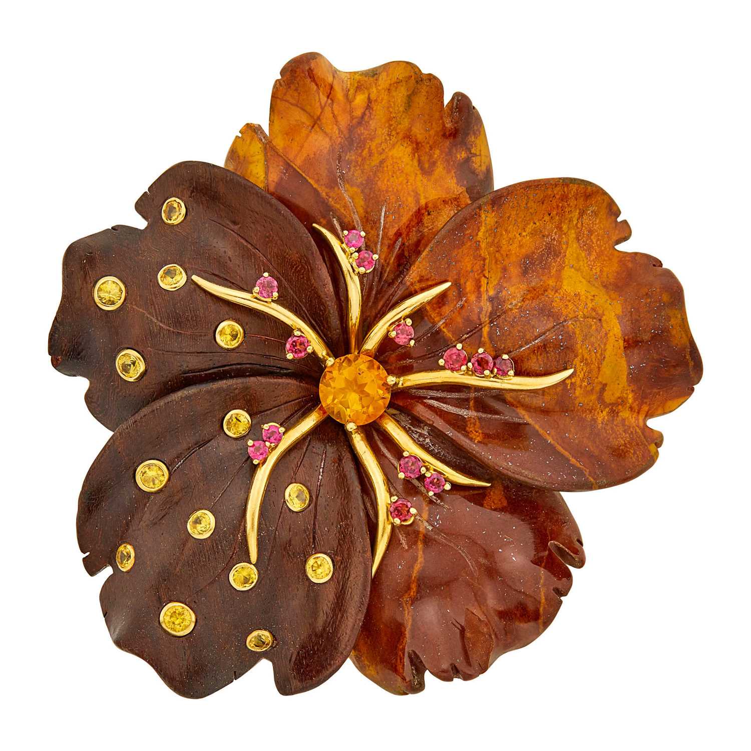 Lot 11 - Seaman Schepps Oversized Gold, Carved Wood and Jasper and Colored Stone Flower Clip-Brooch