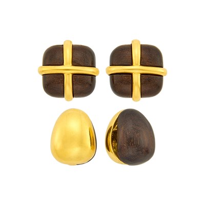 Lot 7 - Seaman Schepps Two Pairs of Gold and Wood Earclips