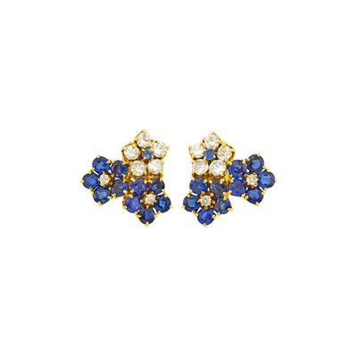 Lot 106 - Pair of Gold, Sapphire and Diamond Floret Earclips