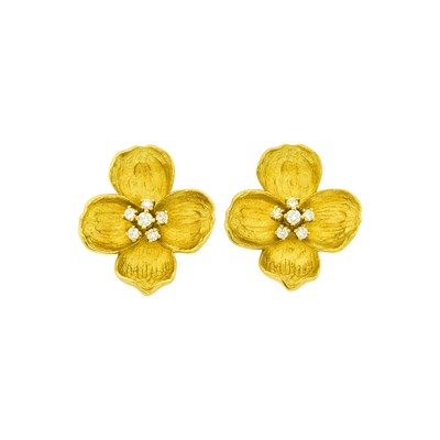 Lot 115 - Pair of Gold and Diamond Flower Earrings