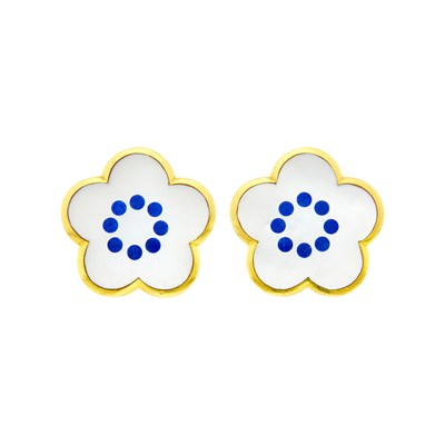 Lot 1 - Tiffany & Co. Pair of Gold, Mother-of-Pearl and Lapis Flower Earrings