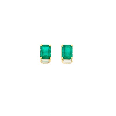 Lot 1192 - Pair of Gold, Emerald and Diamond Earrings