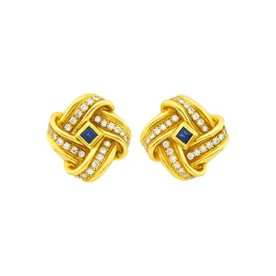 Lot 121 - Pair of Gold, Sapphire and Diamond Knot Earclips