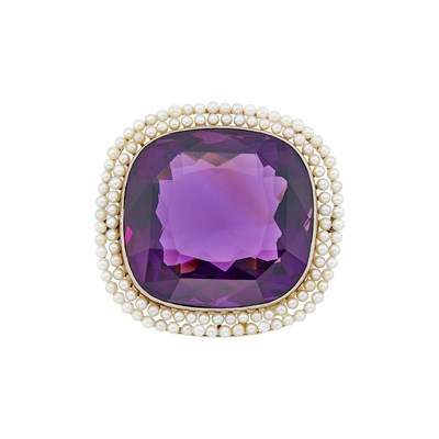 Lot 28 - Antique Gold, Platinum, Amethyst and Seed Pearl Pendant-Brooch