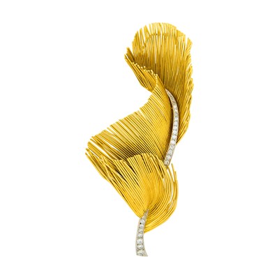 Lot 114 - Gold, Platinum and Diamond Feather Clip-Brooch, France