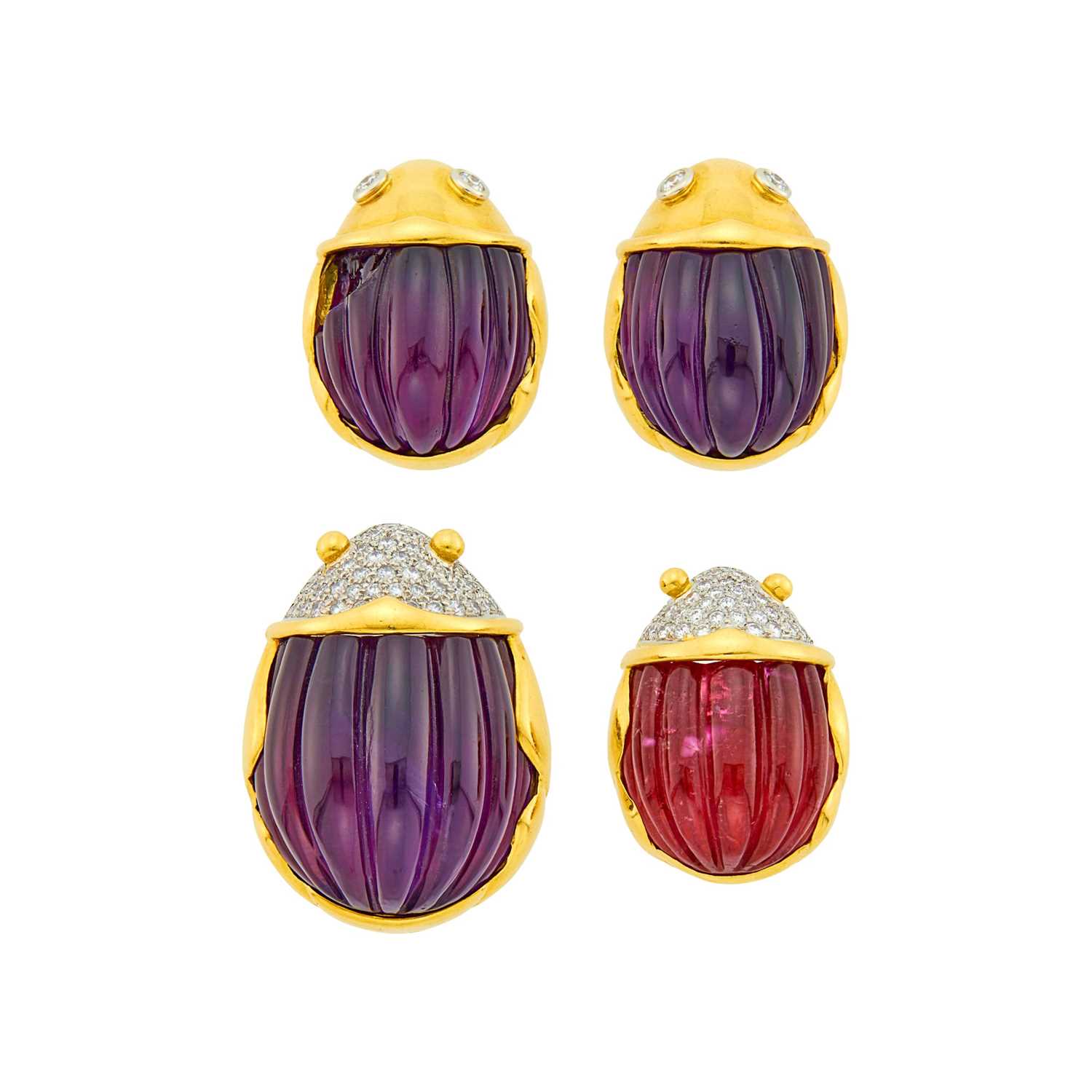 Lot 97 - Tiffany & Co. Two Gold, Platinum, Carved Colored Stone and Diamond Beetle Pins and Pair of Earclips