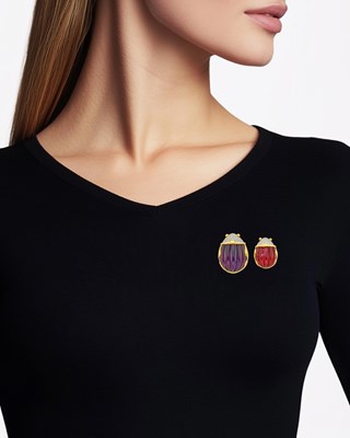 Lot 97 - Tiffany & Co. Two Gold, Platinum, Carved Colored Stone and Diamond Beetle Pins and Pair of Earclips