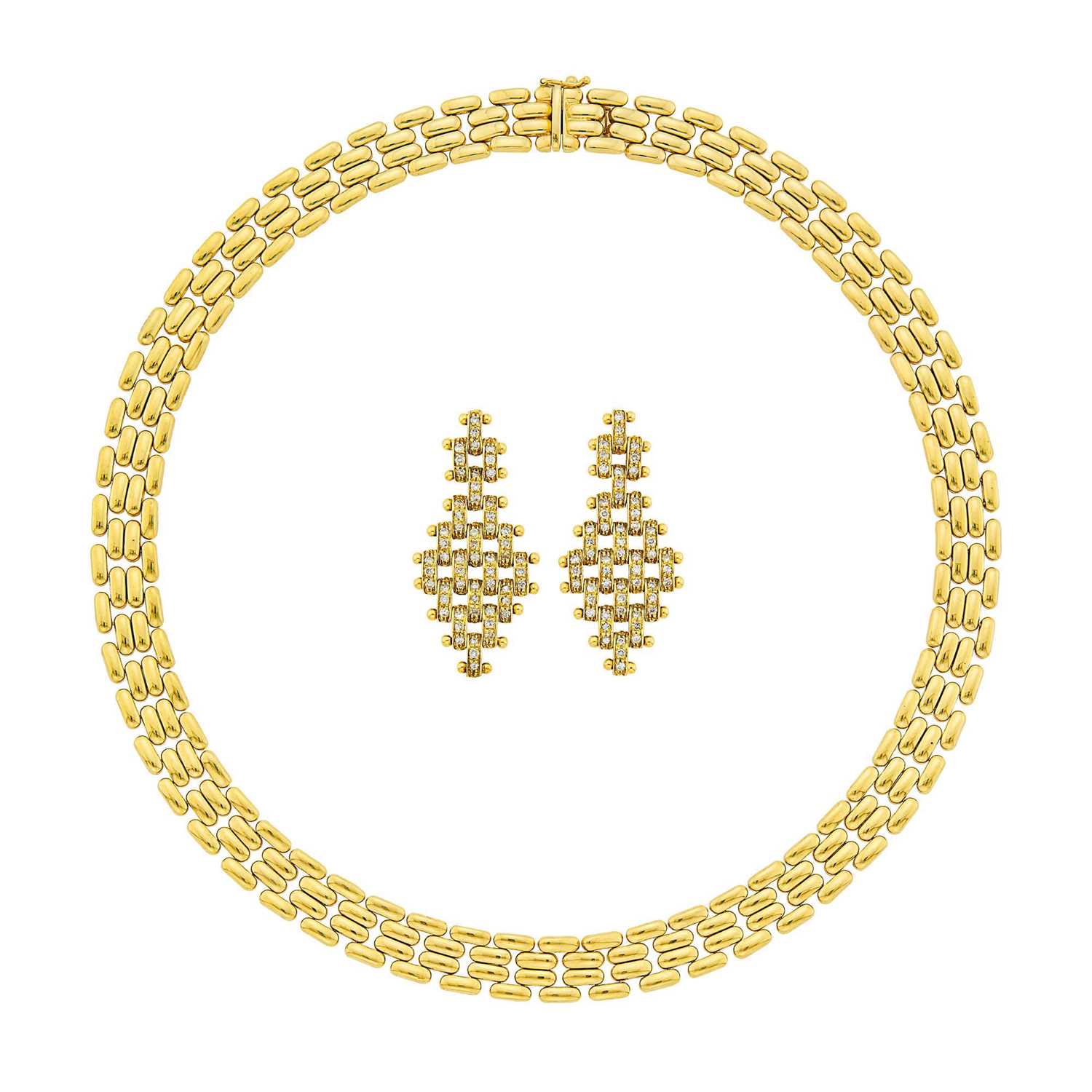 Lot 1023 - Gold Link Necklace and Pair of Diamond Pendant-Earrings