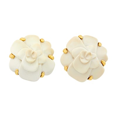 Lot 134 - Chanel Pair of Gold and Carved Cream Agate 'Camellia' Flower Earclips, France