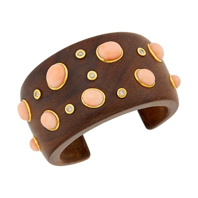 Lot 120 - Wood, Gold, Angel Skin Coral and Diamond Cuff Bangle Bracelet