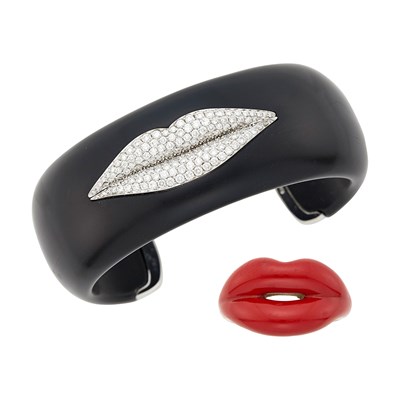 Lot 50 - Ebony, White Gold and Diamond 'Lips' Cuff Bangle Bracelet and Solange Azagury-Partridge Silver and Red Enamel 'Lips' Ring
